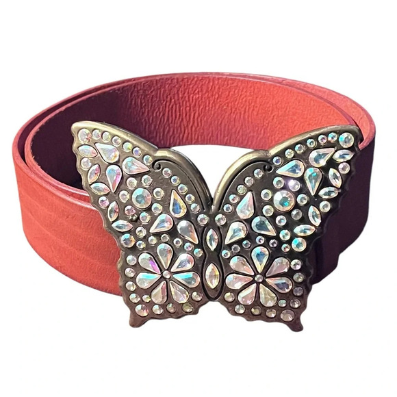 Linea Pelle Accessories - Orange Leather Juliana AB Crystal Rhinestone Gold Tone Brass Belt with Buckle